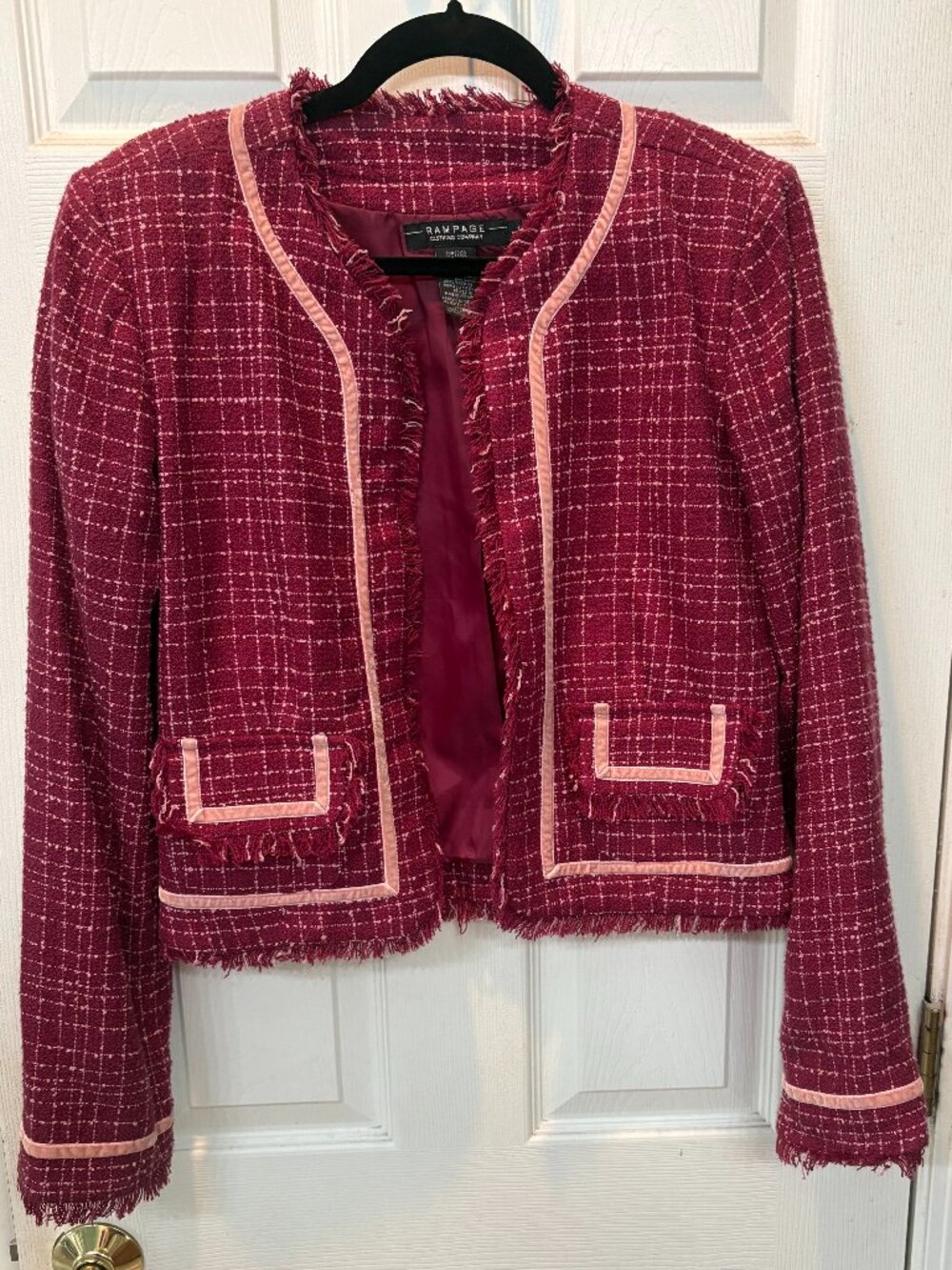 🛍️ Rampage Maroon Bouclé Tweed Fringe Open Front Blazer Jacket Large